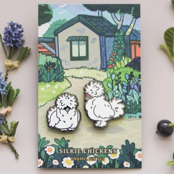 Silkie Chickens Enamel Pin Set - Set‎ of 2 - Farm Animals - Picture 1 of 7
